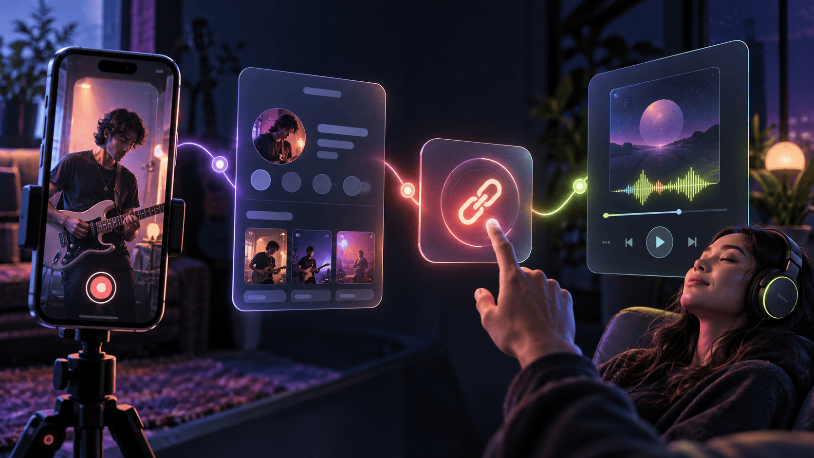 Path from an Instagram Reel to a music profile, link click and full-song stream