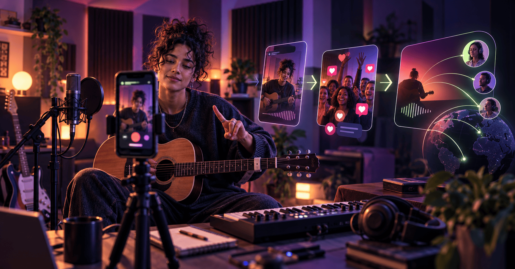 Independent musician recording an Instagram Reel in a home studio